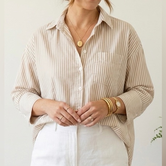 Tuckernuck Tops - TUCKERNUCK Adair Tan White Striped Boyfriend Blouse in Beachwood Stripe